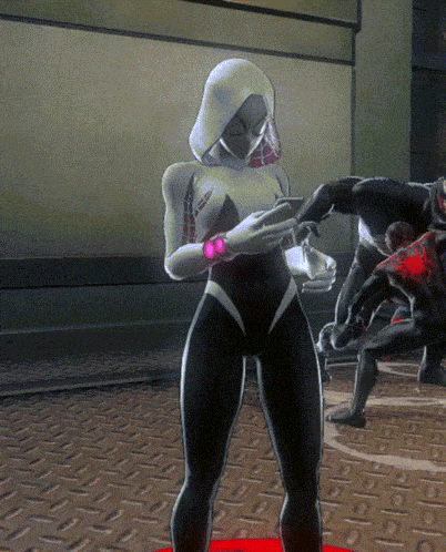 a woman in a spider-man costume stands in front of a group of men
