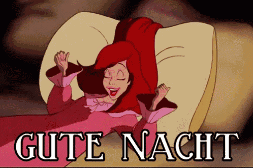 a cartoon of a woman laying on a bed with the words gute nacht written below her