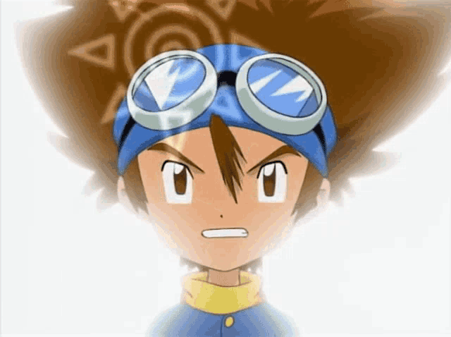 a cartoon character wearing a blue hat and goggles looks angry