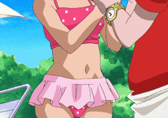 a woman in a pink polka dot bikini is standing next to a man wearing a watch