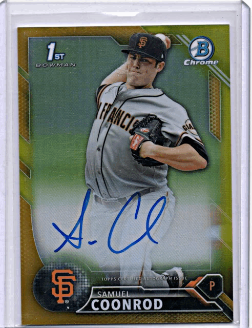 a baseball card signed by samuel coonrod is displayed in a plastic sleeve