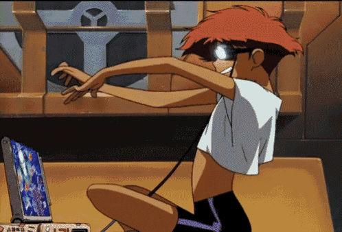 edward from cowboy bebop is sitting in front of a computer