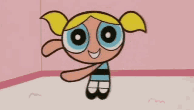 bubbles from the powerpuff girls is dancing in a room with a pink wall behind her .