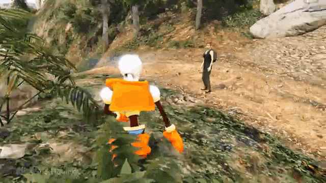 a video game scene shows a robot and a man standing on a dirt road