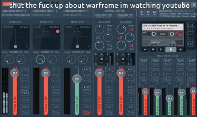 a computer screen with the words shut the fuck up about warframe im watching youtube on it