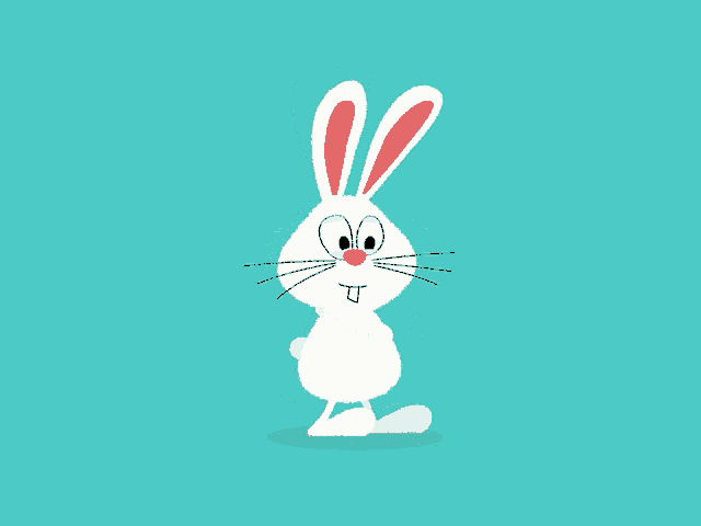 a white rabbit with red ears and a red nose is walking on a blue background