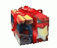 a pixel art of a gift box with a red ribbon .