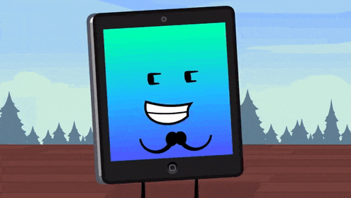 a cartoon drawing of a tablet with a smiling face and a mustache