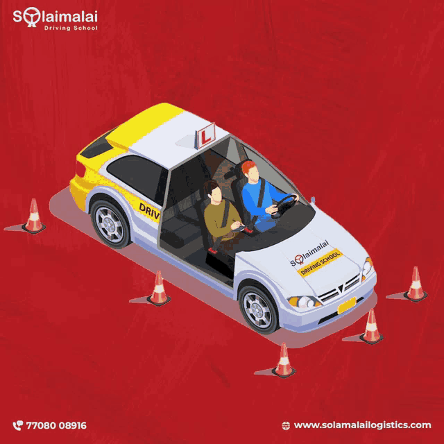 an advertisement for solamalai driving school shows a car with two people driving it