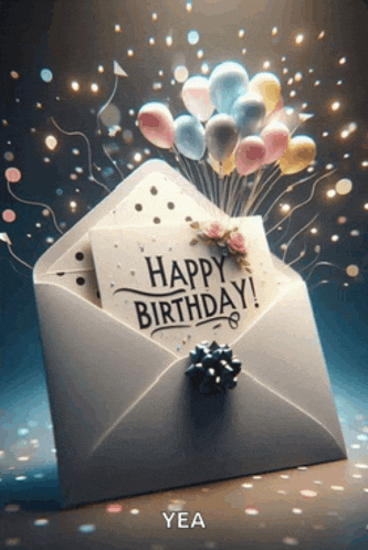 an envelope with balloons and a card that says happy birthday on it