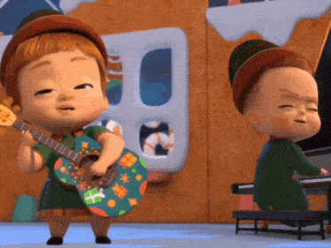 a girl is playing a guitar while a boy is playing a piano