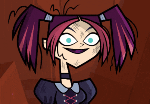 a cartoon of a girl with purple hair and stitches on her face