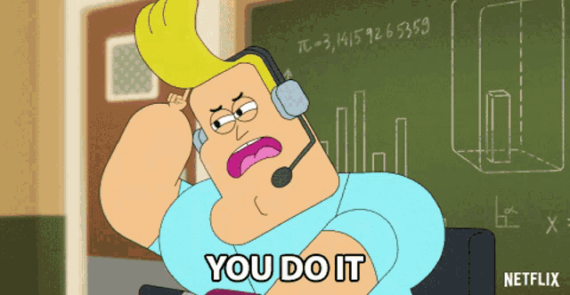 a cartoon character with headphones and a microphone saying you do it