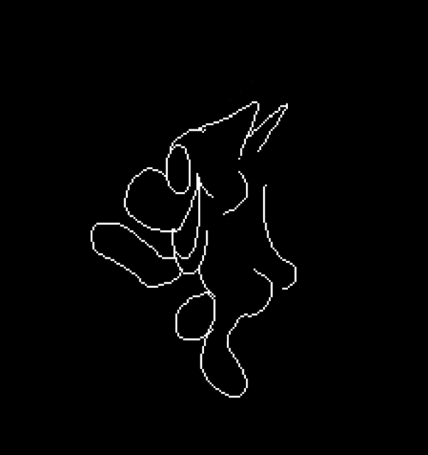 a pixel art drawing of a cartoon character on a black background