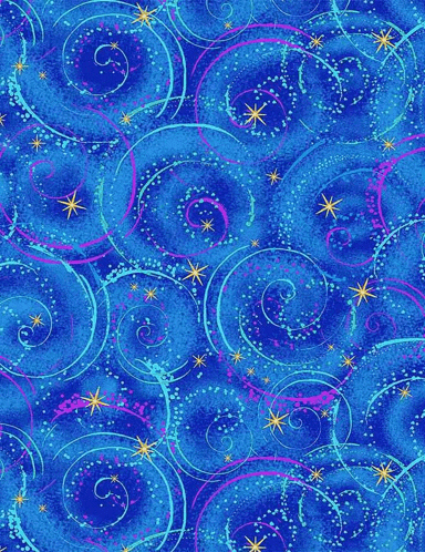 a blue background with colorful swirls and stars on it