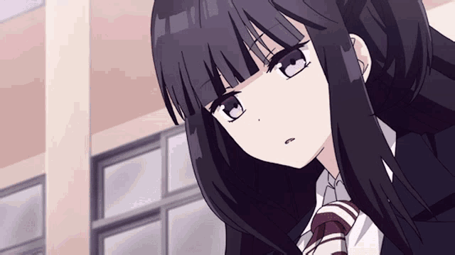 a girl with long black hair and purple eyes looks at the camera