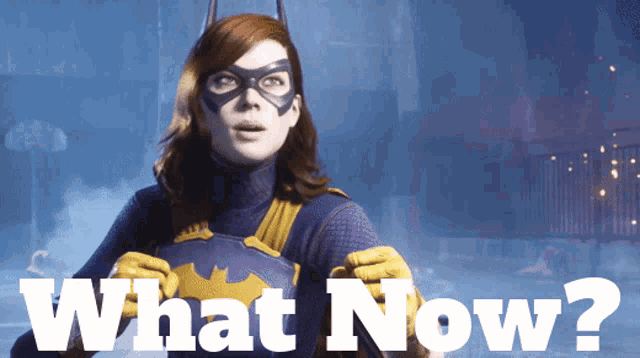 a woman in a batman costume is standing in front of the words " what now "