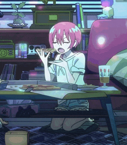 a girl with pink hair sits on the floor eating a slice of pizza