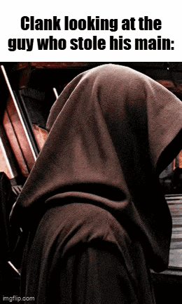 a man with a hood on his head is looking at another man who stole his main .