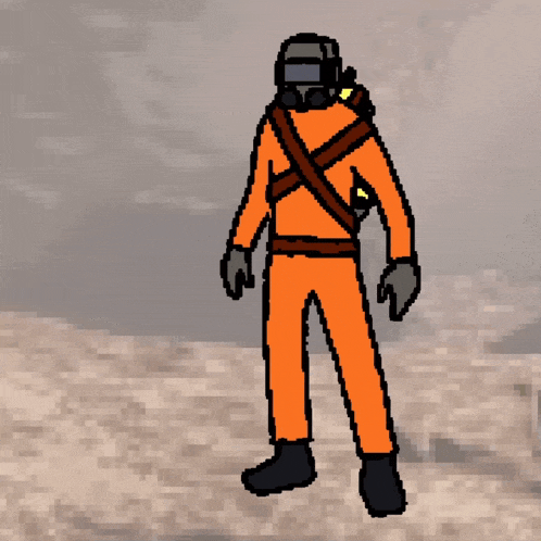 a pixel art drawing of a man in orange jumpsuit