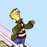 a cartoon character with a striped shirt and a green jacket is running