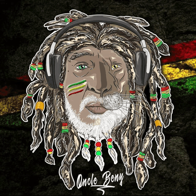 a drawing of an old man with dreadlocks wearing headphones and the name uncle benny