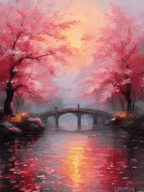 it is a painting of a bridge over a river with cherry blossom trees .