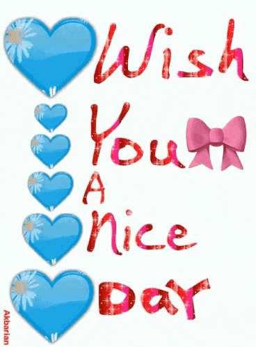 a card that says wish you a nice day with blue hearts and a pink bow