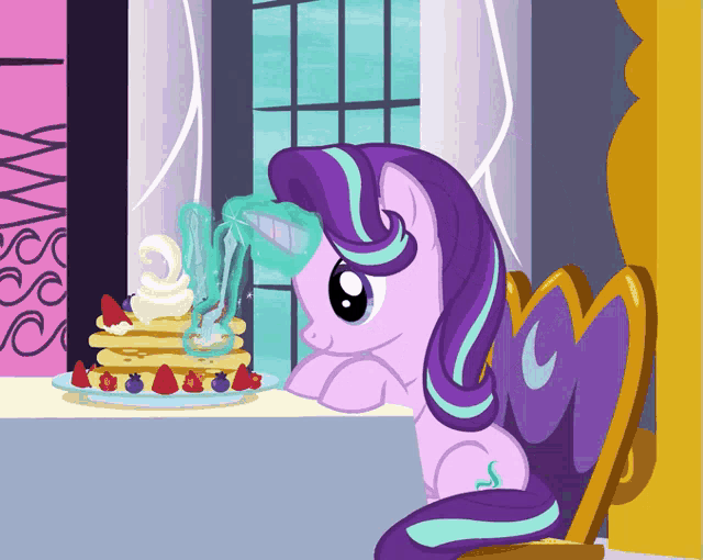 a cartoon pony is looking at a stack of pancakes with whipped cream and berries