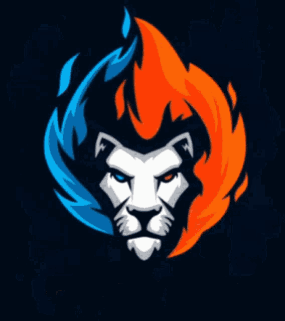 a lion with red eyes and blue flames around it