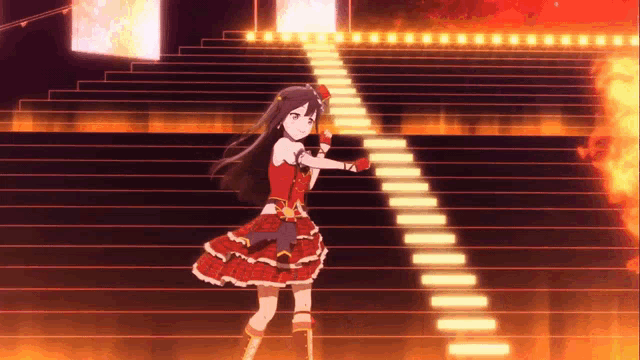 a girl in a red dress is dancing on stairs