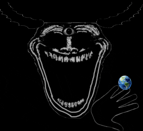 a black and white drawing of a troll with a third eye and a hand holding the earth