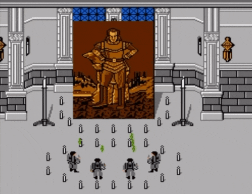 a group of people standing in front of a painting of a knight