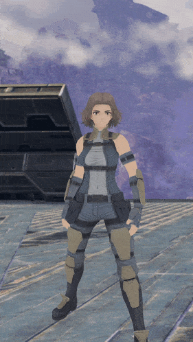 a video game character is standing in front of a purple mountain