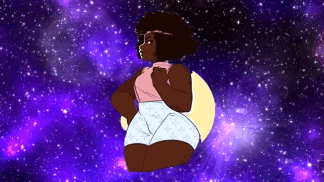 a cartoon of a woman in a pink top and shorts standing in front of a galaxy