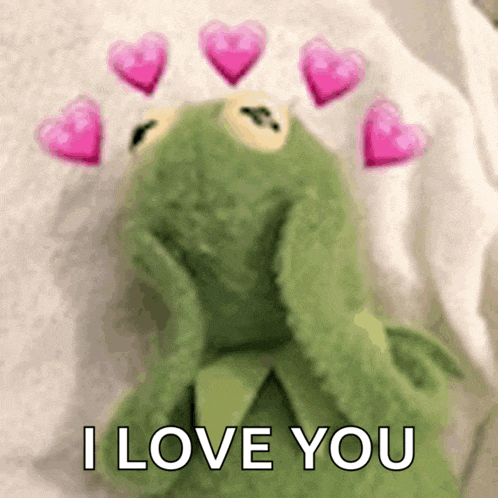 kermit the frog is covering his face with pink hearts and the words i love you behind him