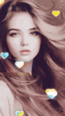 a woman with long hair and hearts around her