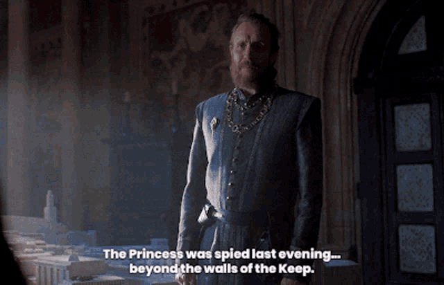 a man with a beard is standing in a room and says the princess was sped last evening beyond the walls