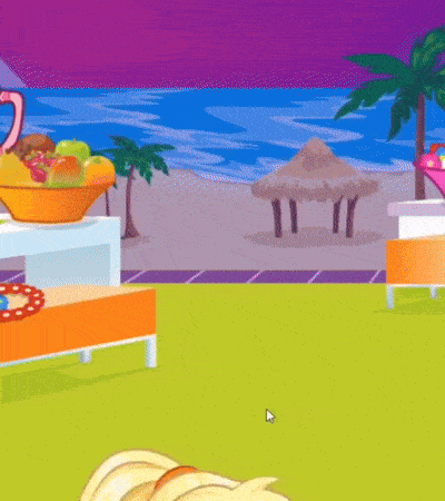 a cartoon of a beach scene with a bowl of fruit