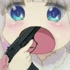 a close up of a girl holding a gun in her mouth .