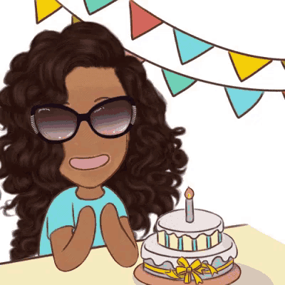 a girl wearing sunglasses is sitting in front of a birthday cake with a candle