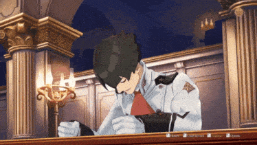 a screenshot of a video game shows a man sitting at a desk with the options button visible