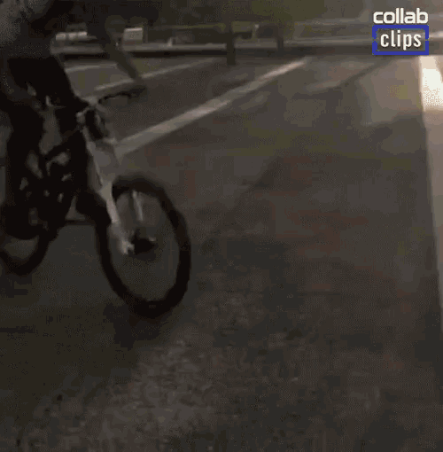 a person is riding a bicycle on a sidewalk with a collab clips logo on the bottom