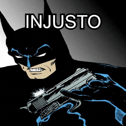 a cartoon of batman holding a gun with the words `` injusto '' written on it .