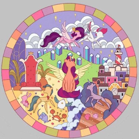 a colorful drawing of ponies and a lighthouse in a circle