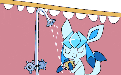 a cartoon drawing of a blue and pink bunny taking a shower