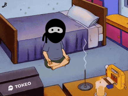 a cartoon of a ninja sitting in front of a bed with a tokeo box in the background