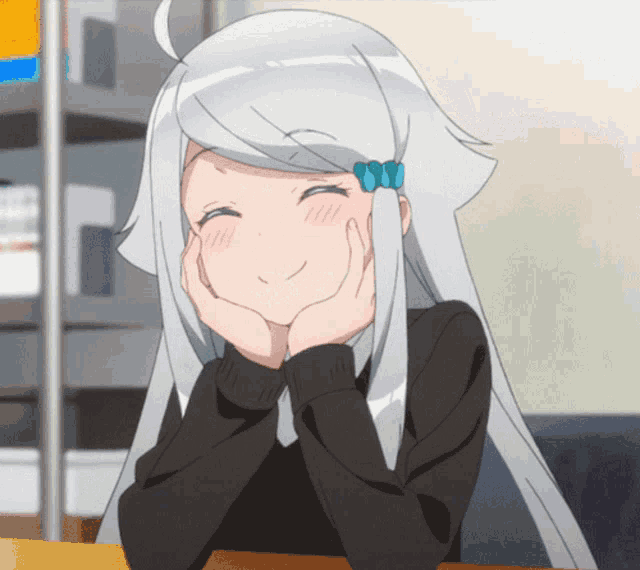 a girl with white hair is smiling with her hands on her chin