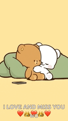 a cartoon of two teddy bears hugging each other with the words `` i love and miss you '' .
