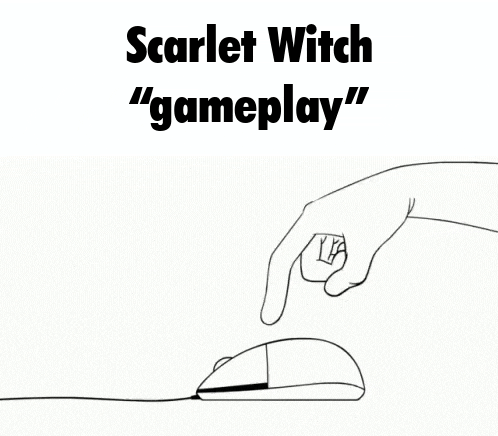 a black and white drawing of a hand pointing at a computer mouse with the words scarlet witch " gameplay " below it